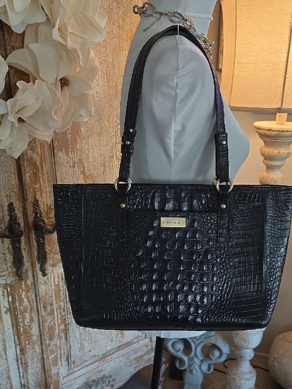 Brahmin Black Croc-Embossed Tote with Gold Accent - Picture 2 of 14